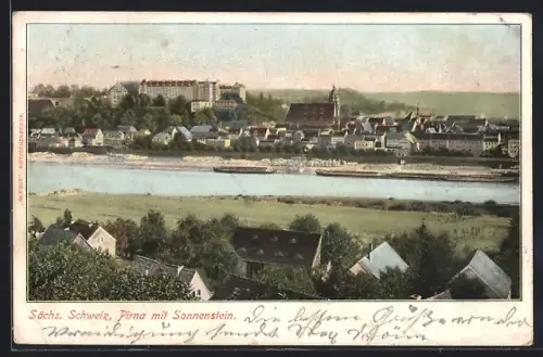 AK Pirna /Sächs. Schweiz, Ortsansicht über die Elbe mit Sonnenstein