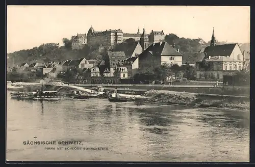 AK Pirna, Teilansicht mit Sonnenstein von der Elbe