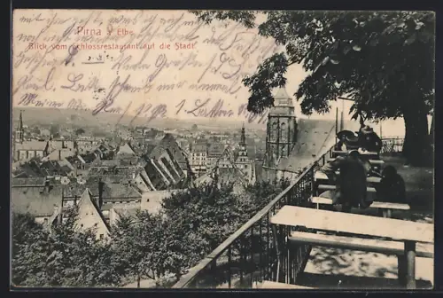 AK Pirna a. Elbe, Teilansicht mit Kirche vom Schlossrestaurant gesehen