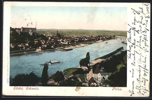 AK Pirna, Gesamtansicht mit Dampfer auf der Elbe