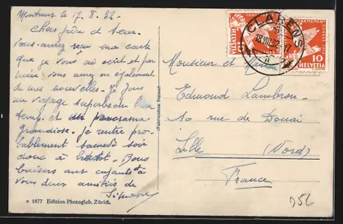 AK Montreux, Panorama mit Segelboot und Berghintergrund