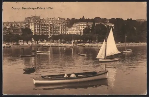 AK Ouchy, Beaurivage-Palace Hotel, Blick vom Wasser auf Boote und Ufer