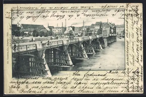 AK Basel, Klein-Basel, Alte Rheinbrücke mit Strassenbahn