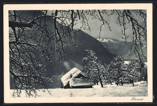 AK Schiers-Fajauna, Berglandschaft mit Hütte im Schnee