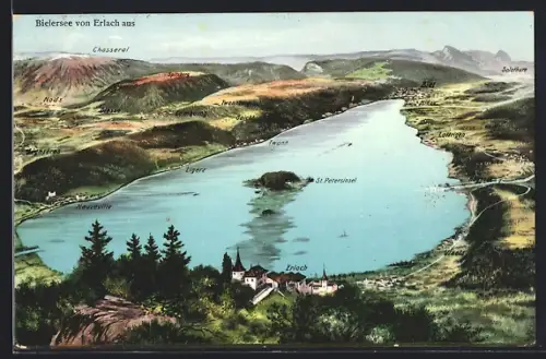 AK Erlach, Ortsansicht mit Twann, Neuveville und St. Petersinsel