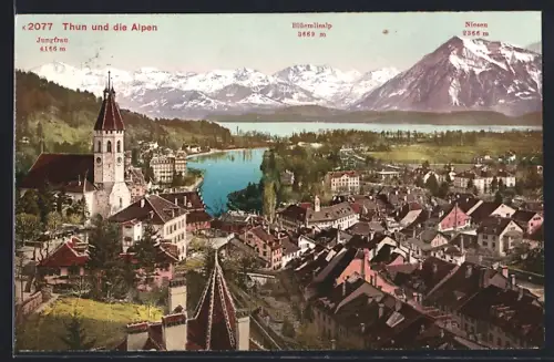 AK Thun, Panorama mit Jungfrau, Blüemlisalp und Niesen