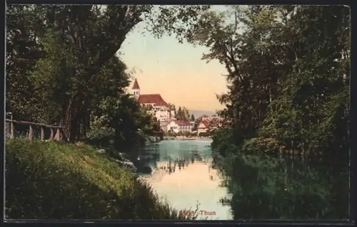 AK Thun, Uferpartie mit Blick zur Kirche