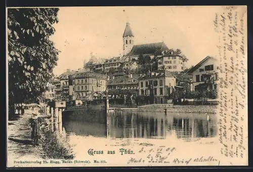AK Thun, Teilansicht mit Kirche und Uferpartie
