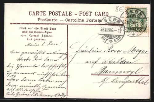 AK Bern, Panorama mit Berner Alpen vom Kursaal Schänzli aus