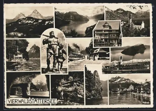 AK Sisikon /Vierwaldstättersee, Tellsplatte, Tell-Denkmal, Dampfer Wilhelm Tell