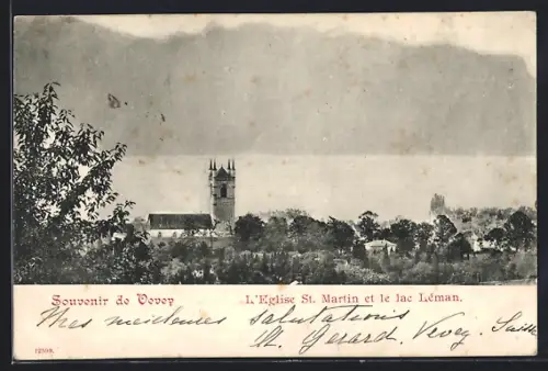 AK Vevey, L`Eglise St. Martin et le lac Léman