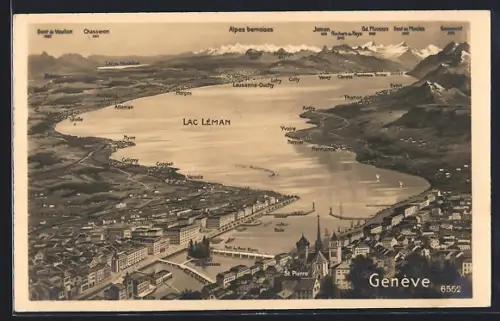 Künstler-AK Genève, Panorama mit Nyon, Versoix und Morges, Alpes bernoises, Jaman