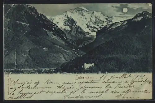 Mondschein-AK Interlaken, Panorama mit Hotel