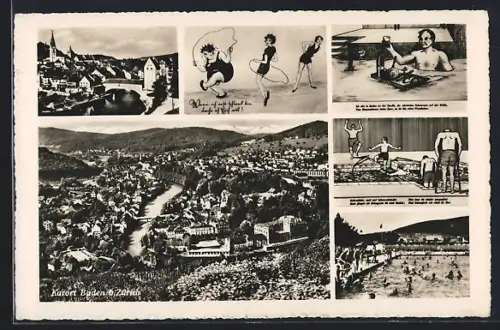 AK Baden b. Zürich, Teilansicht, Schwimmbad, Frau mit Springseil