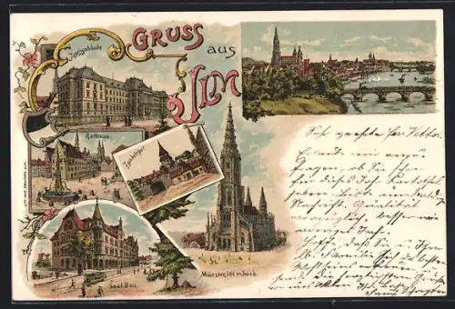 Lithographie Ulm / Donau, Münster, Rathaus, Justizgebäude