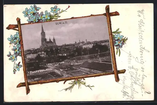 Lithographie Ulm a. D., Teilansicht mit Münster, Blumen, Passepartout