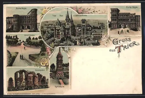 Lithographie Trier, Kaiserpalast, Porta Nigra, Dom & Liebfrauenkirche