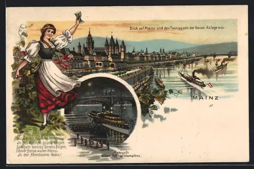 Lithographie Mainz, Blick auf Mainz und den Taunus von der Neuen Anlage aus, Ankuft eines Schnelldampfers