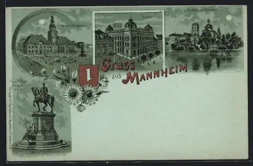 Mondschein-Lithographie Mannheim, Postamt, Stadtpark mit Sternwarte, Rathaus mit Marktplatz