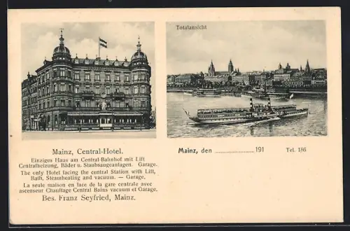 AK Mainz, Central-Hotel, Totalansicht mit Dampfer