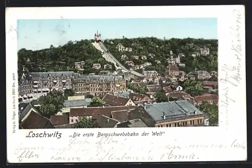 Goldfenster-AK Dresden-Loschwitz, Teilansicht mit leuchtenden Fenstern und Bergschwebebahn