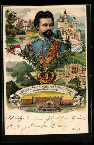 Künstler-AK Ludwig II., König von Bayern und seine Lieblingsschlösser
