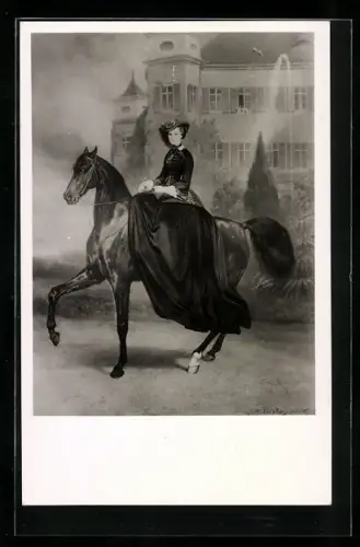 Künstler-AK Kaiser Franz Josef-Ausstellung 1935, Kaiserin Elisabeth (Sissi) von Österreich zu Pferd