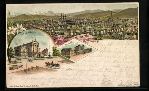 Vorläufer-Lithographie Winterthur, 1895, Bahnhof, Stadthaus und Stadtpanorama