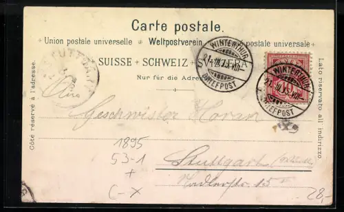 Vorläufer-Lithographie Winterthur, 1895, Bahnhof, Stadthaus und Stadtpanorama