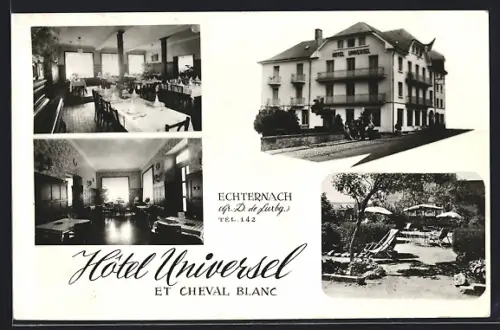AK Echternach, Hotel Universel et Cheval Blanc, Aussen- u. Innenansichten