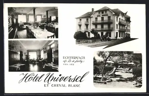 AK Echternach, Hotel Universel et Cheval Blanc, Aussen- u. Innenansichten