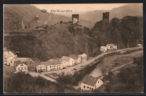 AK Esch-sur-Sûre, Vue partielle avec Hotel des Ardennes, Propr. Pierre Ferber