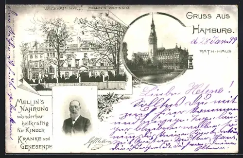 Lithographie Hamburg, Wickham-Hall, Mellin`s Wohnsitz, Porträt vom Mellin, Rath-Haus