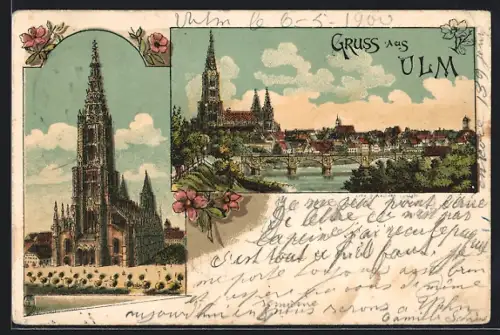 Lithographie Ulm / Donau, Münster, Ortsansicht mit Münster