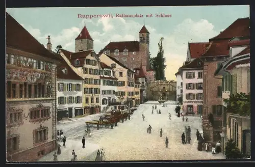 AK Rapperswil, Rathausplatz mit Restaurant Freihof u. Schloss aus der Vogelschau