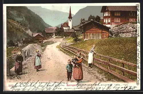 AK Spiringen, Strassenpartie mit Kindern und Kirchblick