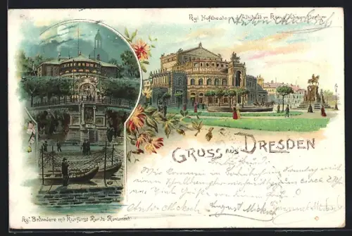 Lithographie Dresden, Hoftheater mit König Johann-Denkmal, Belvedere