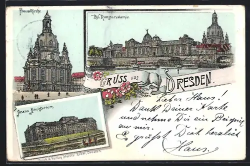 Lithographie Dresden, Frauenkirche, Finanz-Ministerium, Kgl. Kunstacademie