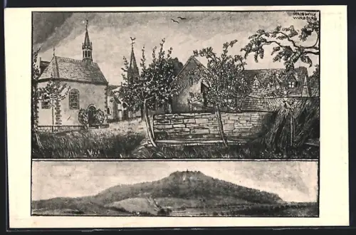 Künstler-AK Geismar / Eichsfeld, Teilansicht mit Kirche, Hülsensberg