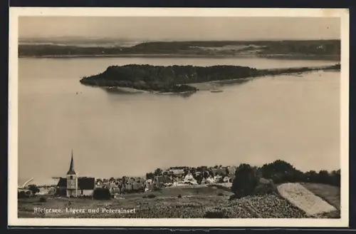 AK Ligerz /Bielersee, Ortsansicht und Petersinsel aus der Vogelschau