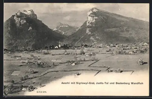 AK Aeschi, Ortsansicht mit Sigriswyl-Grat, Justis-Tal und Beatenberg Wandfluh