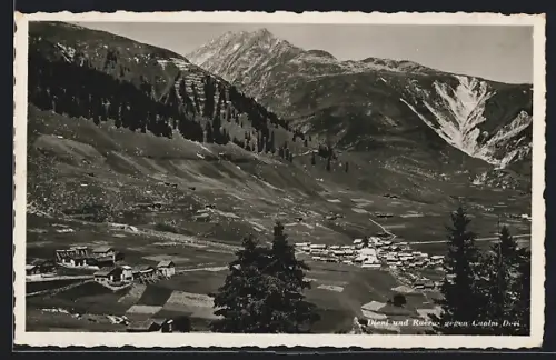AK Tujetsch, Dieni, Blick auf den Ort und Ruèras gegen Cuolm Devi