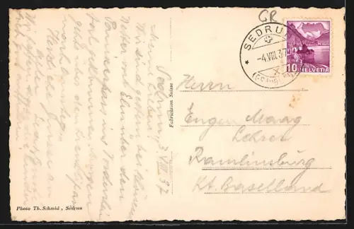 AK Tujetsch, Dieni, Blick auf den Ort und Ruèras gegen Cuolm Devi