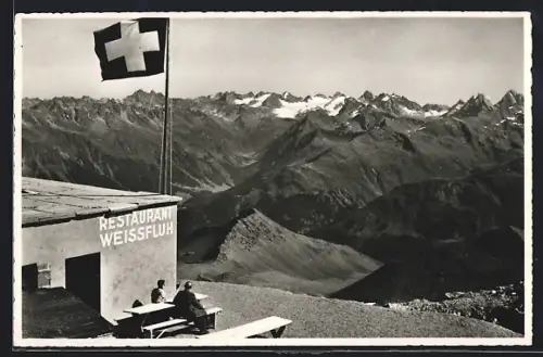 AK Davos, Restaurant Weissfluh und Blick gegen die Silvretta-Gruppe