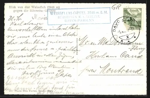 AK Davos, Restaurant Weissfluh und Blick gegen die Silvretta-Gruppe