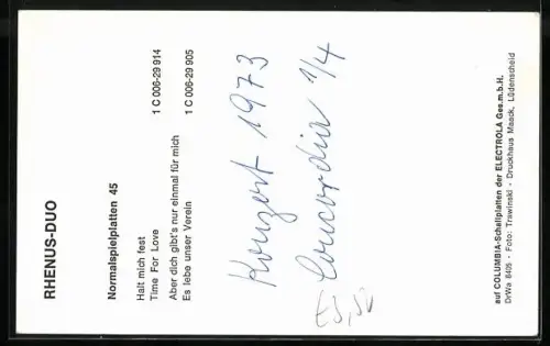 AK Musiker Rhenus-Duo im Partnerlook, Autograph