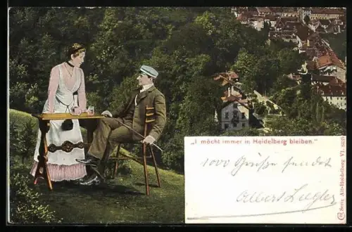 AK Heidelberg, I möcht immer in Heidelberg bleiben, Student und Kellnerin im Weingarten mit Stadtblick