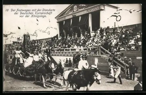 AK Leipzig, Deutsches Turnfest 1913, Turnplatz, Festwagen mit deutscher Standarte vor der Königsloge