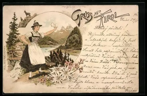 Lithographie Tirol, Winkende Tirolerin in Tracht, Fluss, Bach, Gemse, Edelweiss