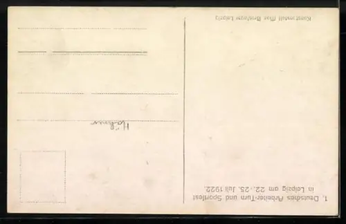 AK Leipzig, Deutsches Arbeiter-Turn- und Sportfest 1922, Formationsgymnastik auf dem Sportplatz, mit Stadtpanorama